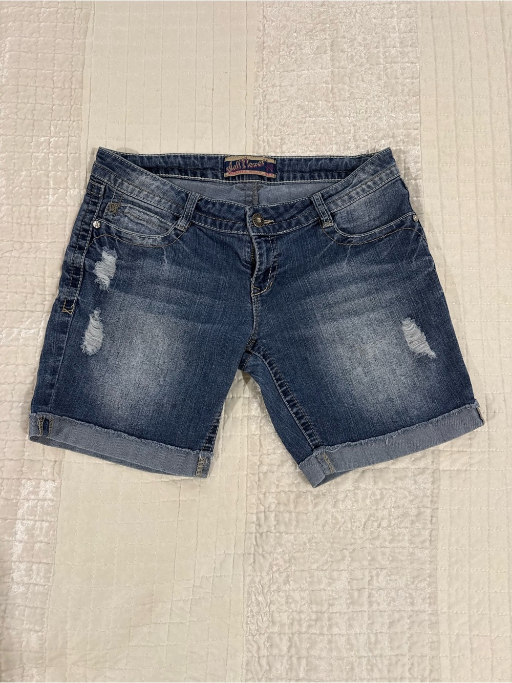 Wallflower Dark Wash Distressed Rolled Hem Jean Shorts